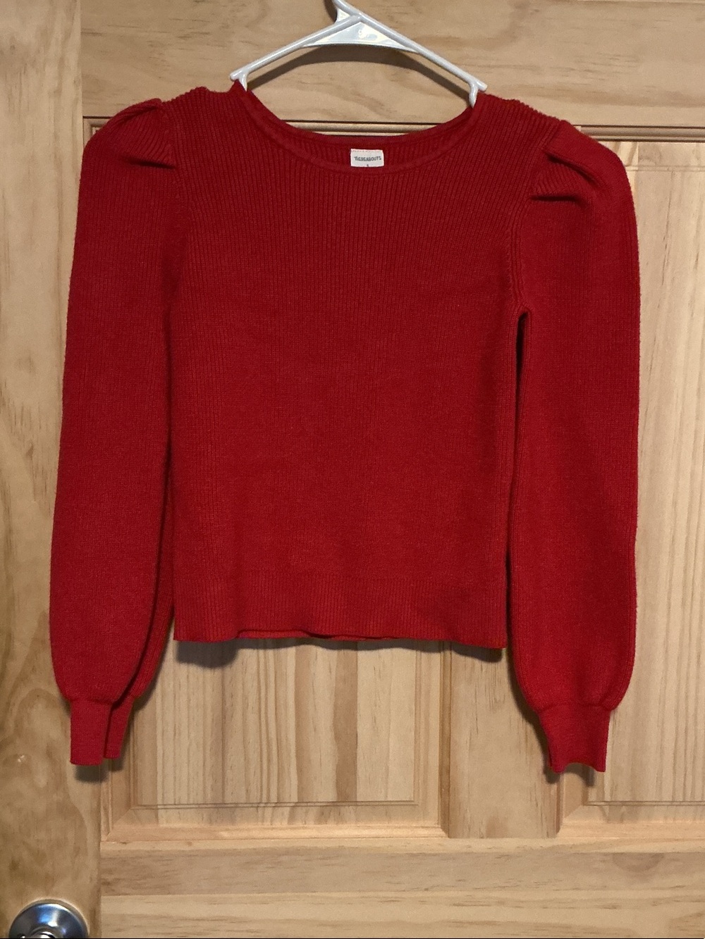 Puff-Sleeve Crewneck Sweater in Red -